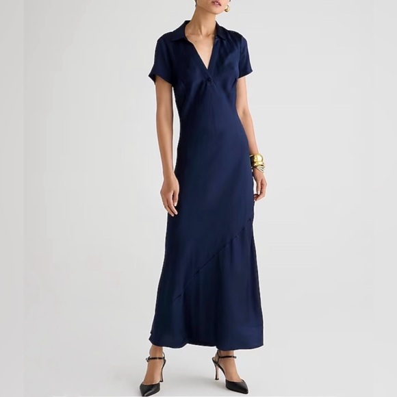 NEW J. Crew Short-sleeve maxi slip dress in luster crepe Navy Blue Size 00 BS802 - Picture 2 of 12